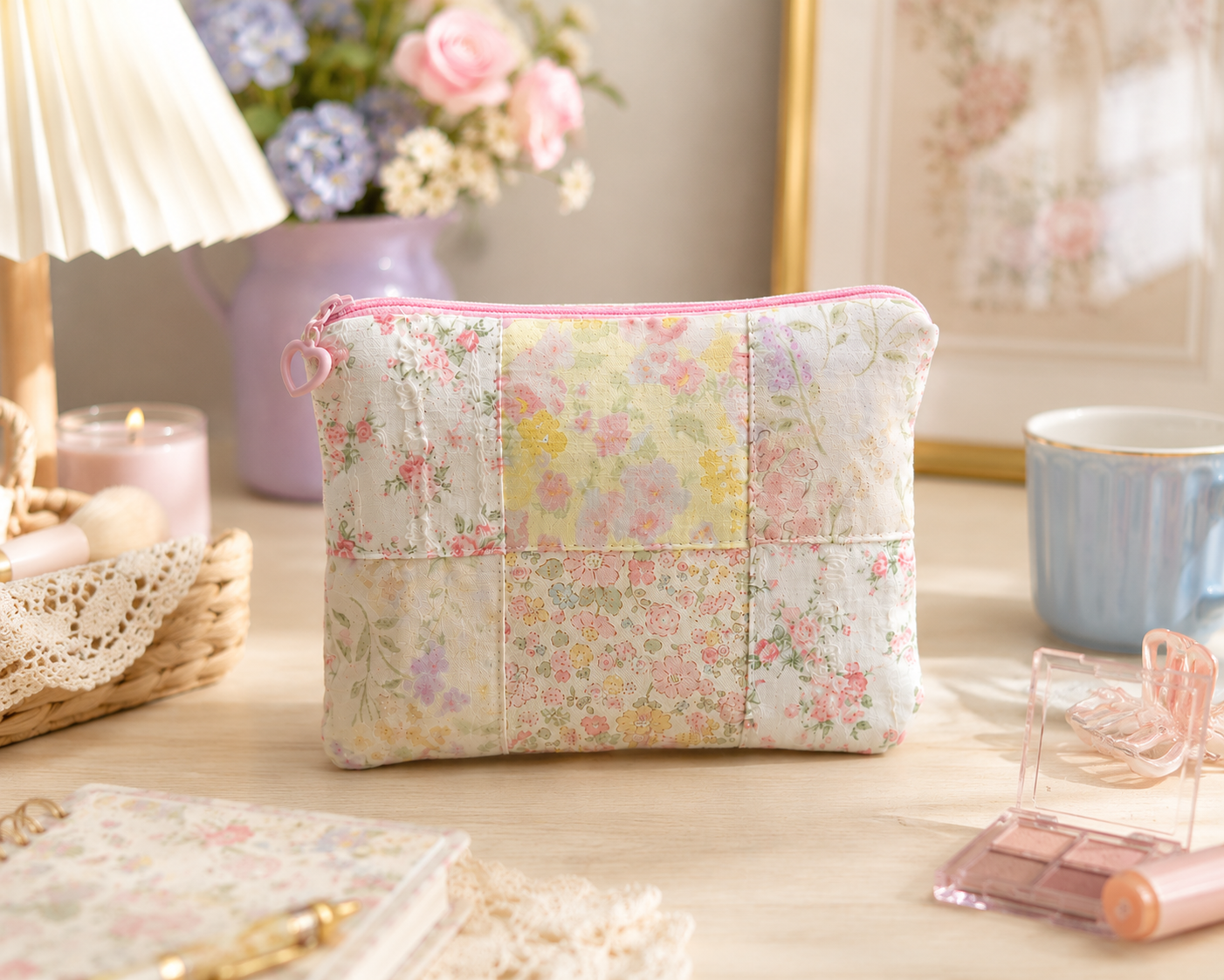 Handmade Pastel Floral Patchwork Zipper Pouch | Free shipping