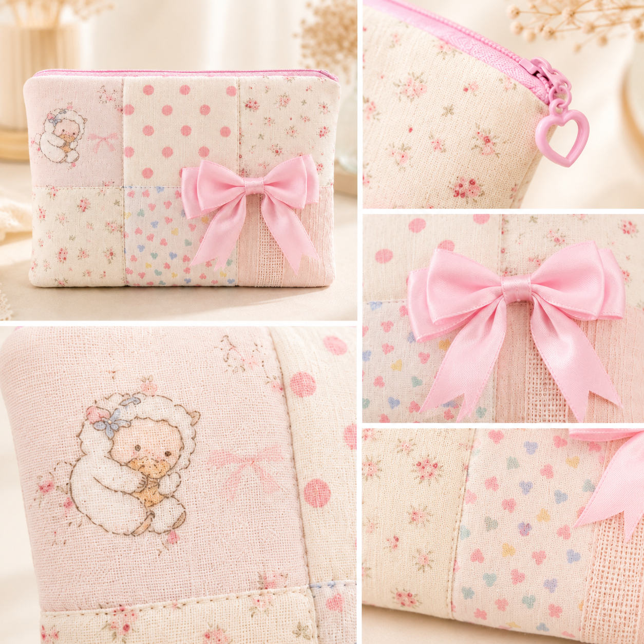 Handmade Pink Bow Patchwork Zipper Pouch｜Free shipping