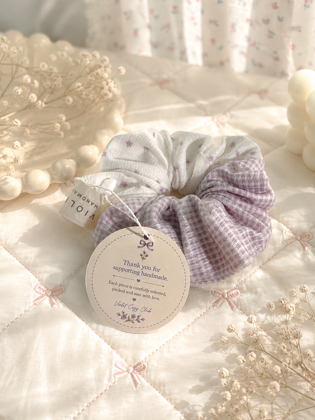 Handmade Lavender Gingham Patchwork Scrunchie｜Free shipping