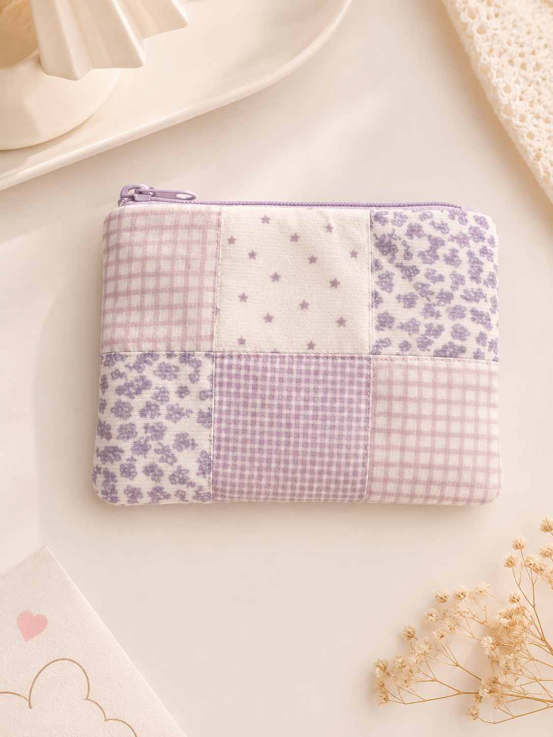 Handmade Lavender Patchwork Zipper Pouch | Everyday Essentials Bag