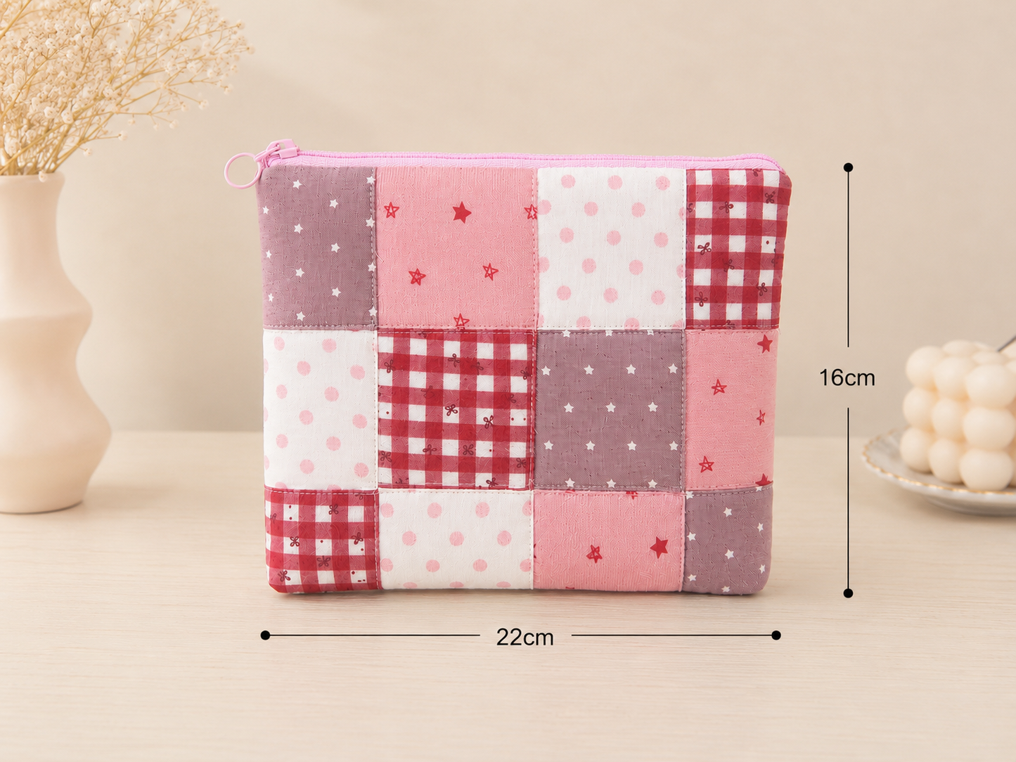 Handmade Pink Patchwork Zipper Pouch | Free shipping