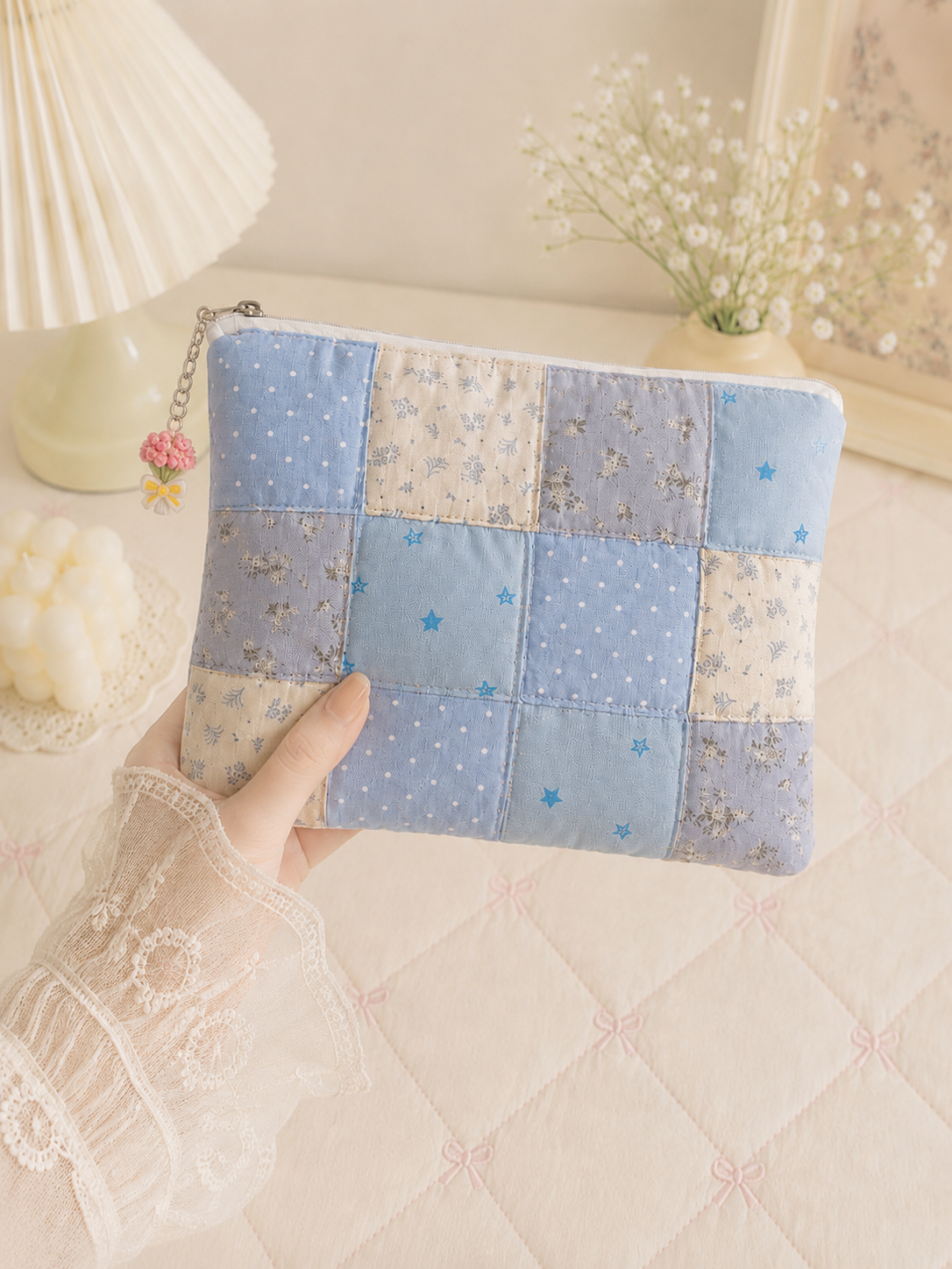 Handmade Blue Floral Patchwork Zipper Pouch | Large Everyday Essentials Bag