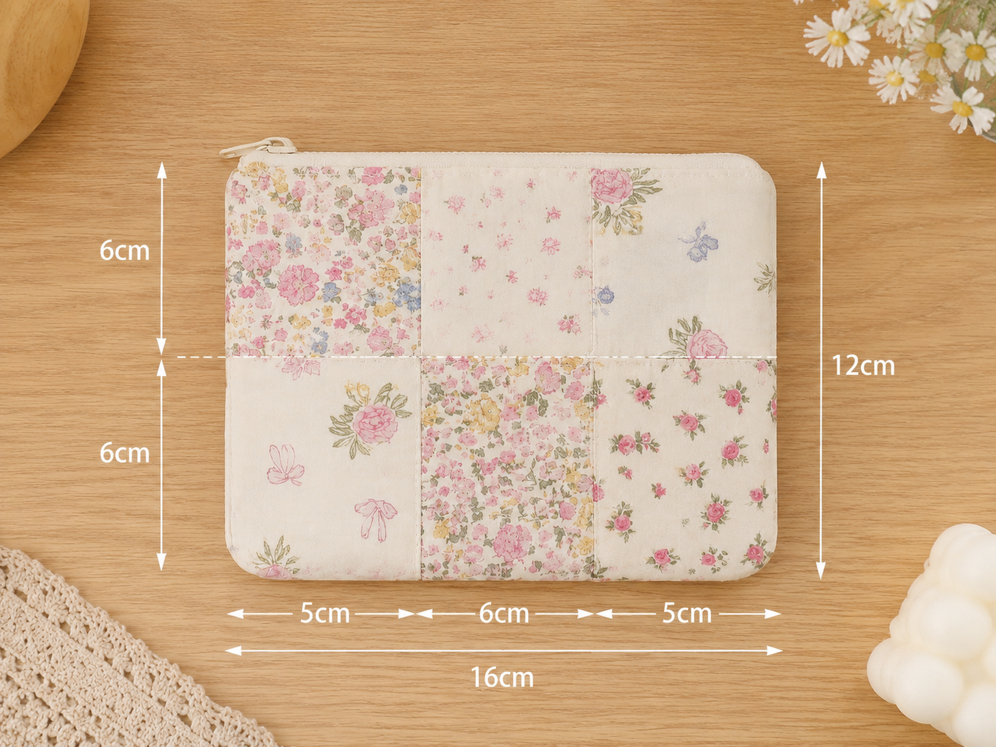 Handmade Cream Floral Patchwork Zipper Pouch | Everyday Essentials Bag