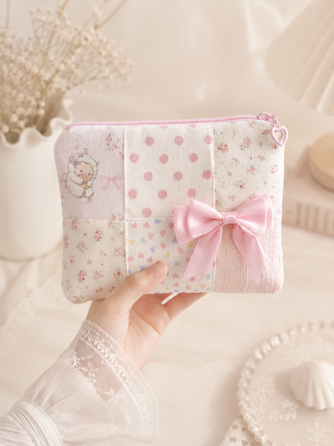 Handmade Pink Bow Patchwork Zipper Pouch｜Free shipping
