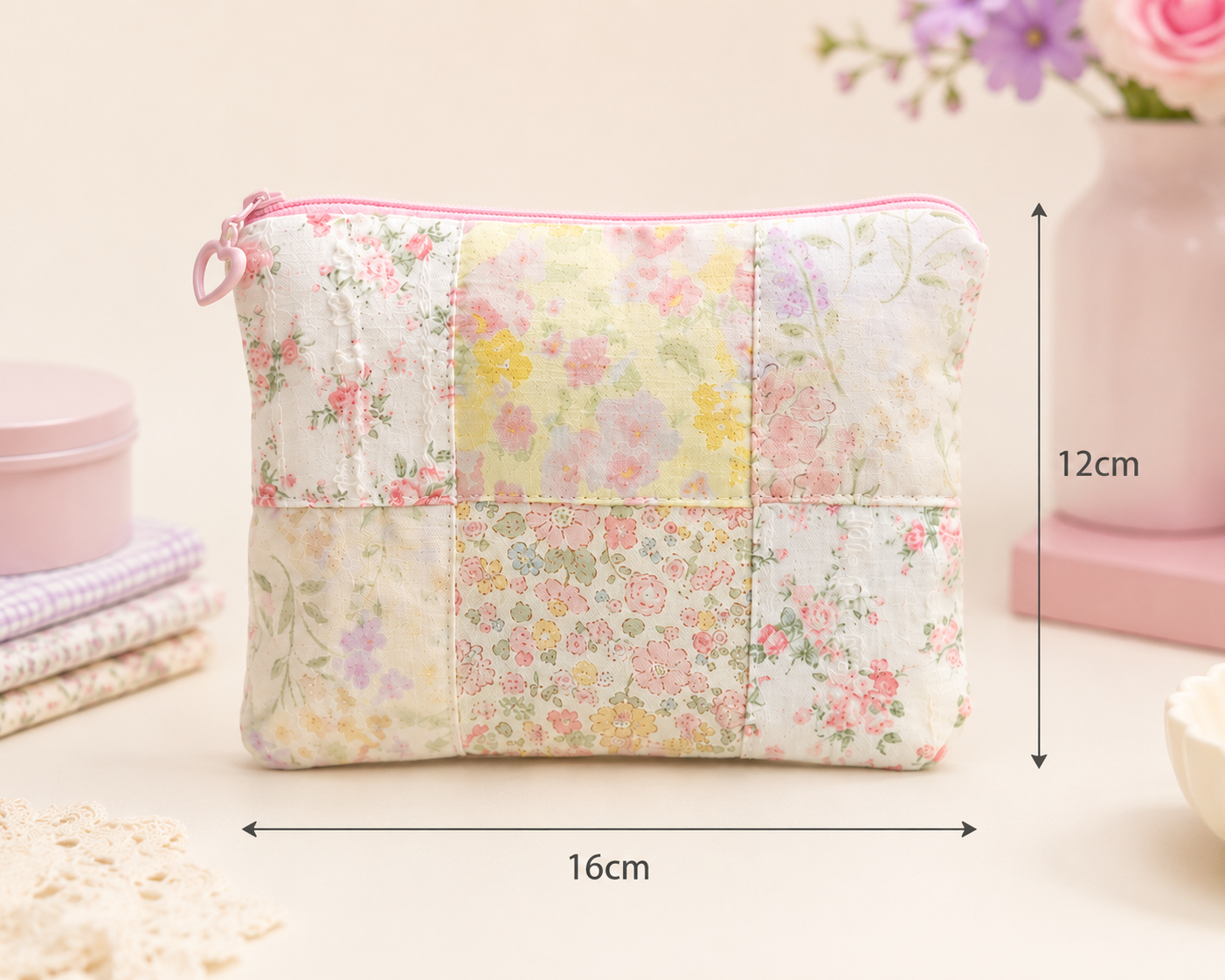 Handmade Pastel Floral Patchwork Zipper Pouch | Free shipping