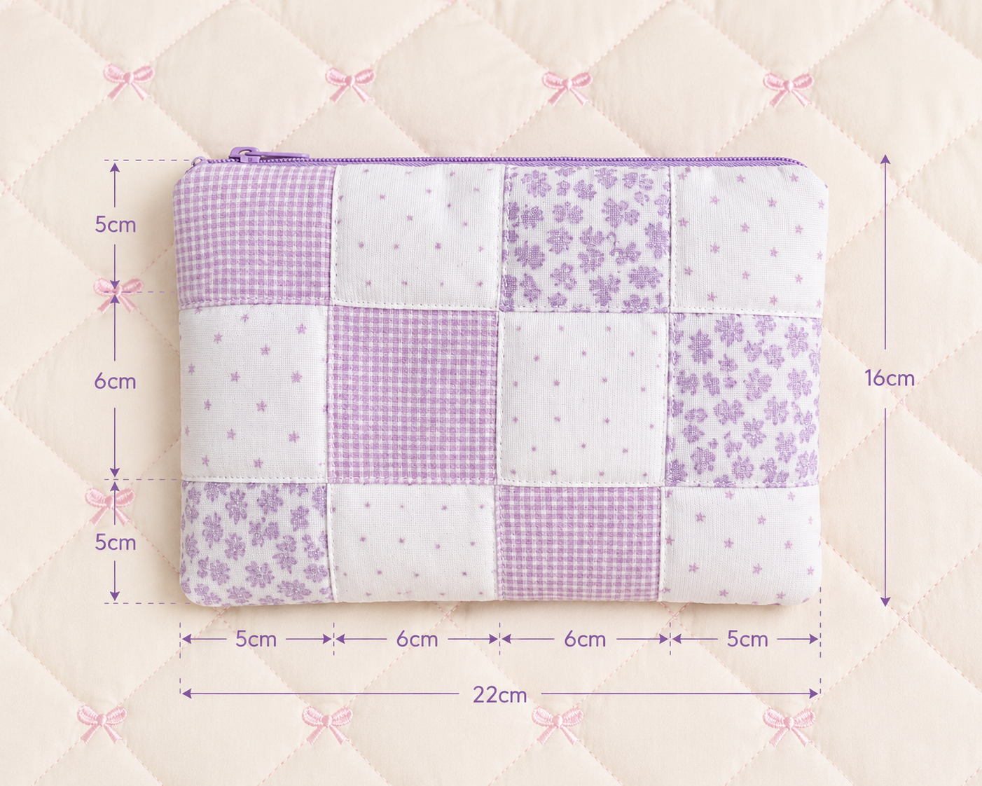 Handmade Lavender Patchwork Zipper Pouch | Large Everyday Essentials Bag