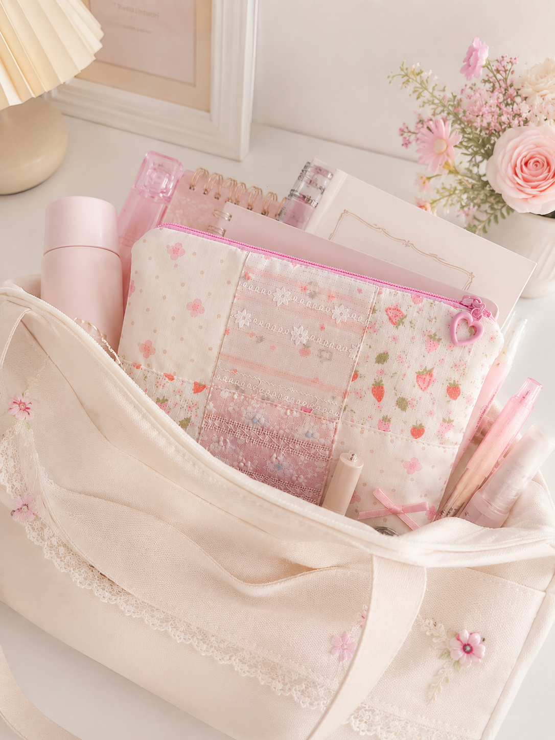 Handmade Strawberry Lace Patchwork Zipper Pouch ｜Free shipping