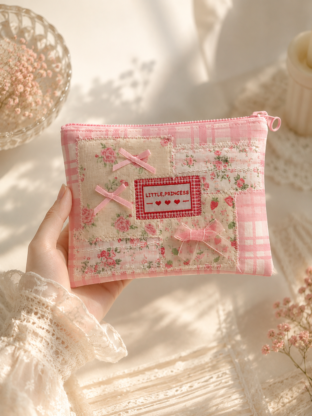 Handmade Pink Floral Patchwork Zipper Pouch ｜Free shipping