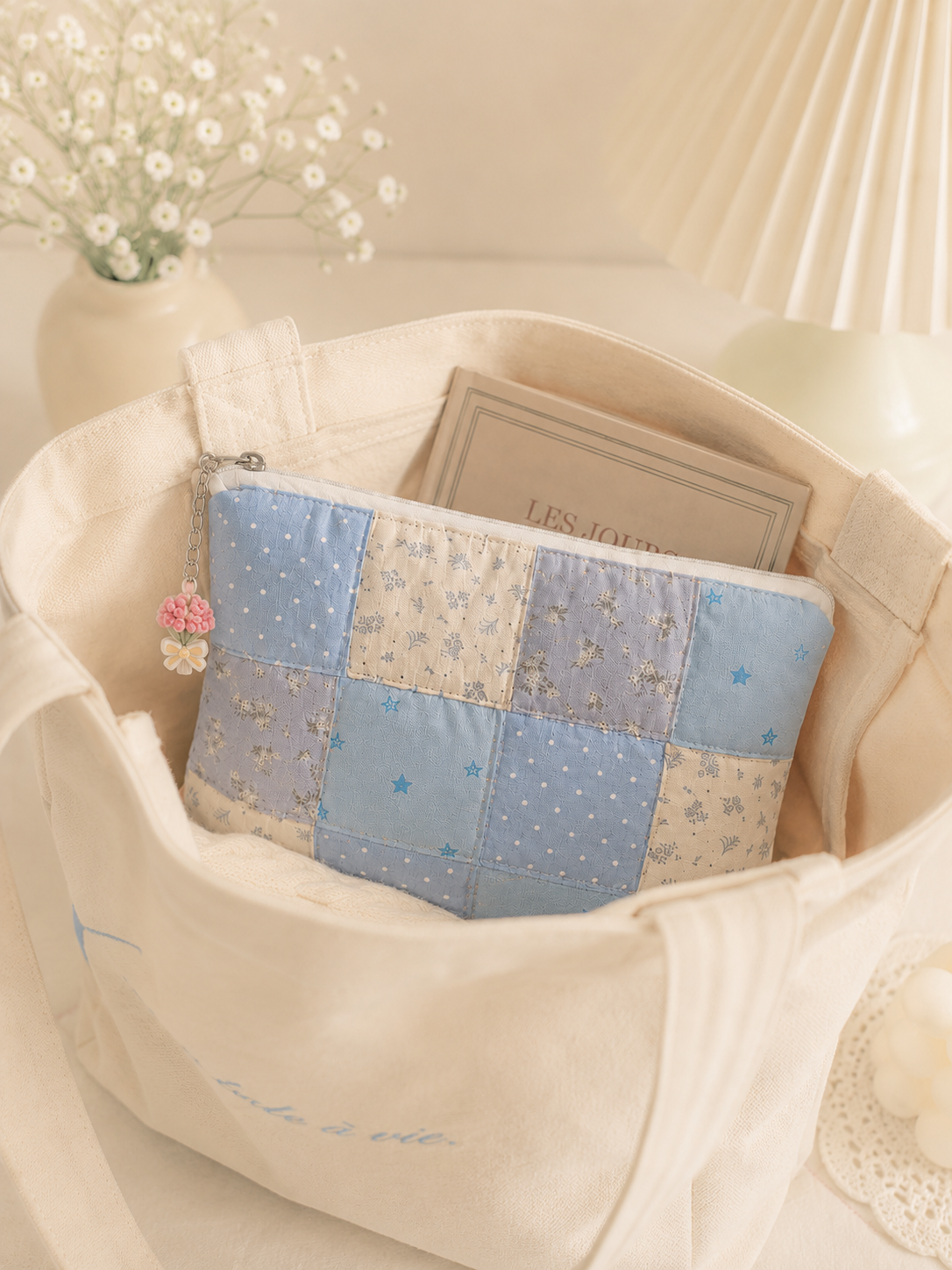 Handmade Blue Floral Patchwork Zipper Pouch | Large Everyday Essentials Bag