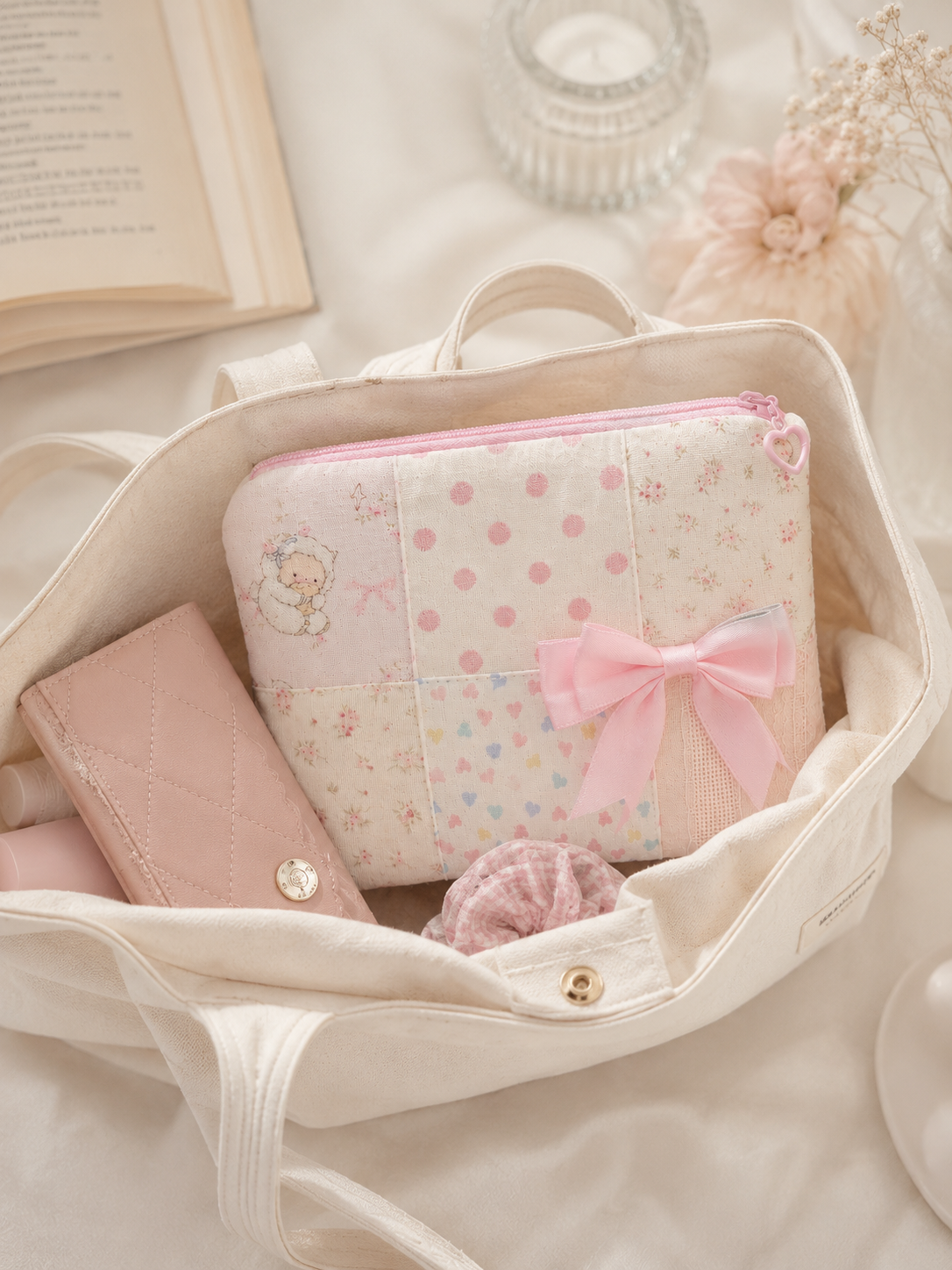 Handmade Pink Bow Patchwork Zipper Pouch｜Free shipping