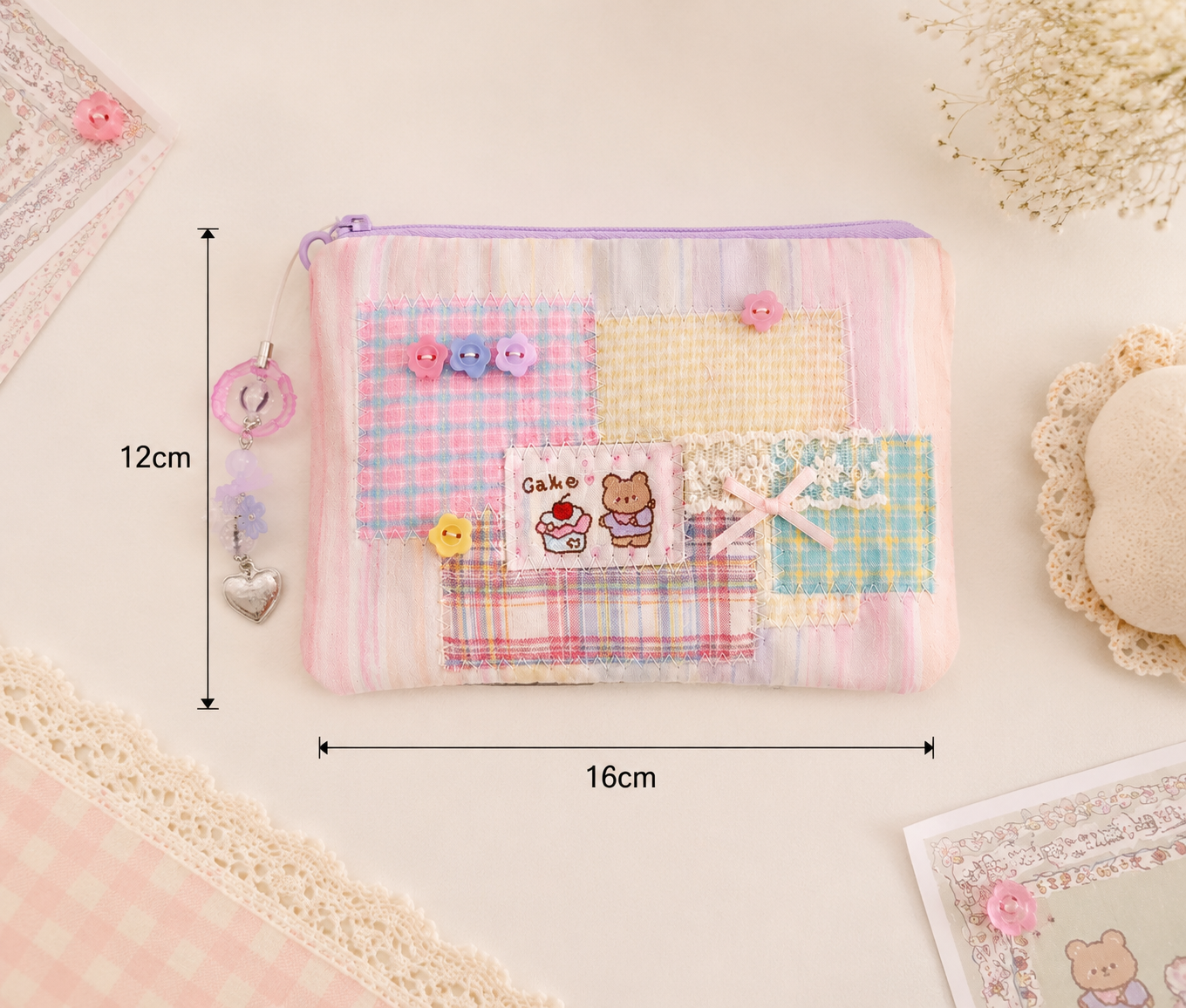 Handmade Pastel Cake Bear Patchwork Zipper Pouch ｜Free shipping