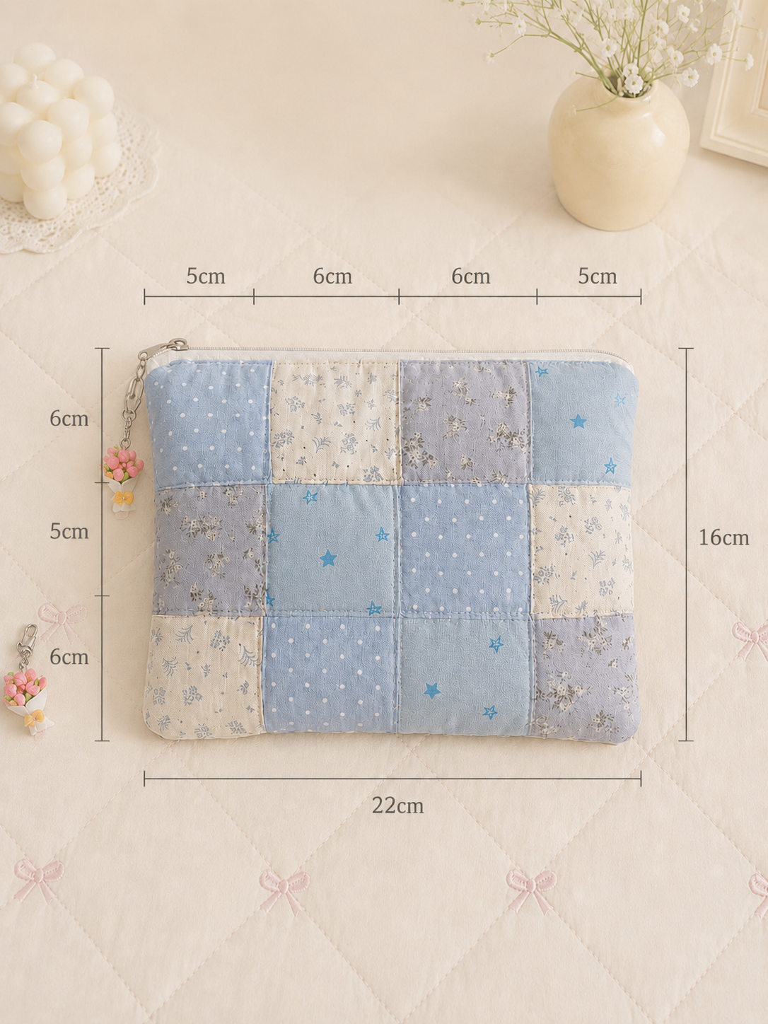 Handmade Blue Floral Patchwork Zipper Pouch | Large Everyday Essentials Bag