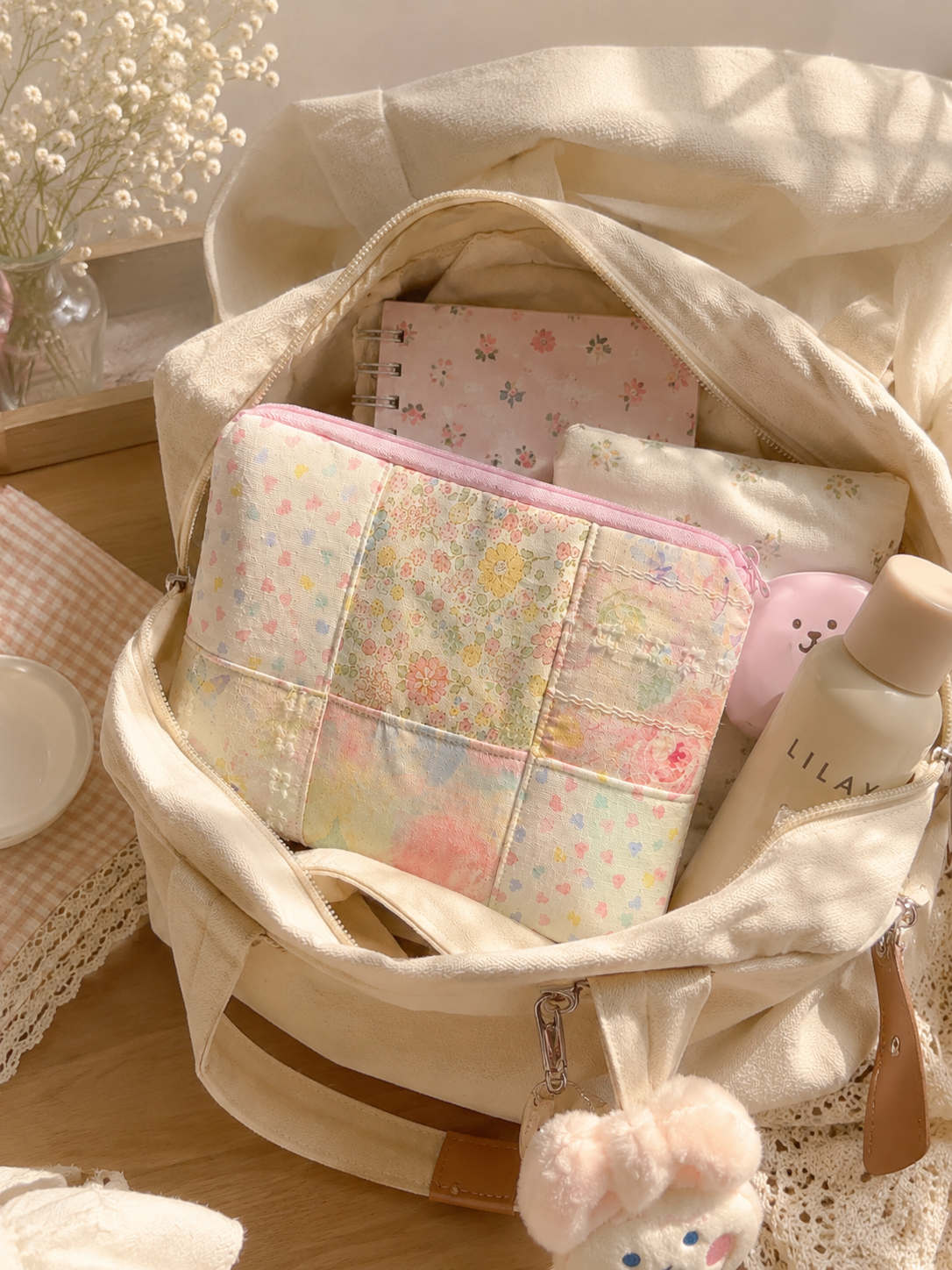 Handmade Pastel Floral Patchwork Zipper Pouch ｜Free shipping