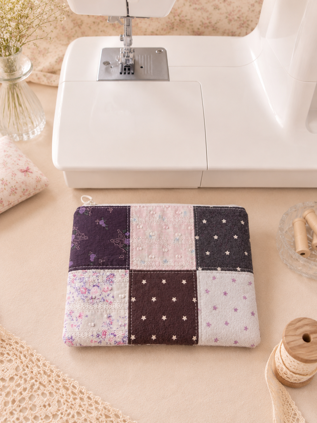 Handmade Midnight Lavender Patchwork Zipper Pouch | Everyday Essentials Bag
