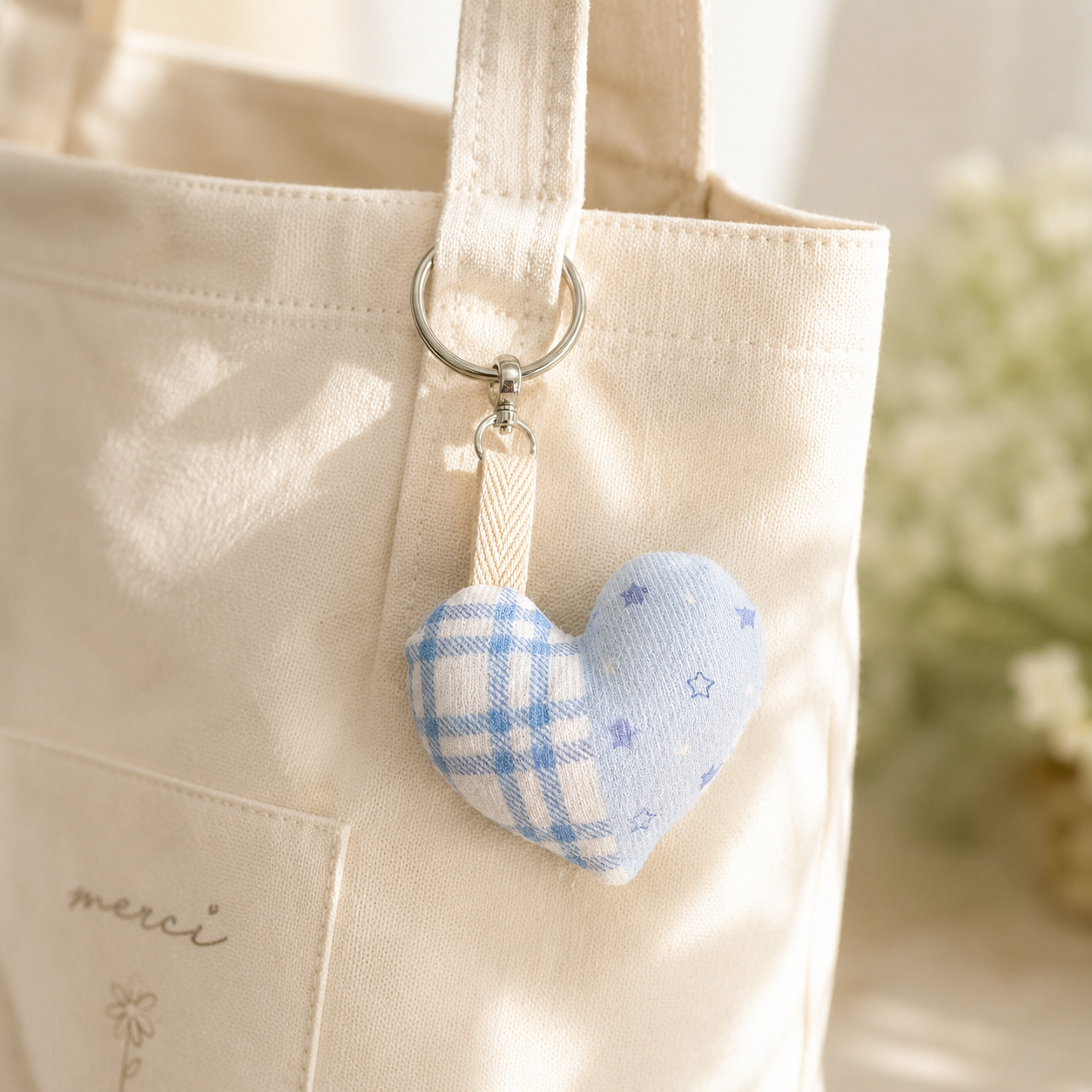 Handmade Blue Gingham Heart Bag Charm｜Free shipping
