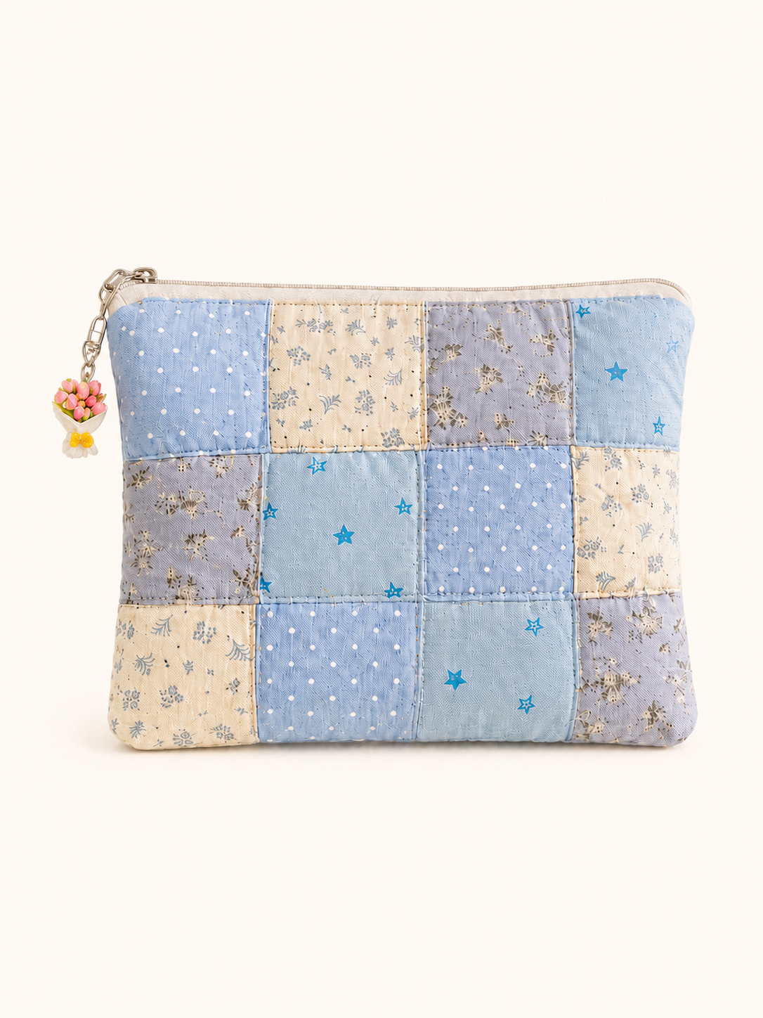 Handmade Blue Floral Patchwork Zipper Pouch | Large Everyday Essentials Bag