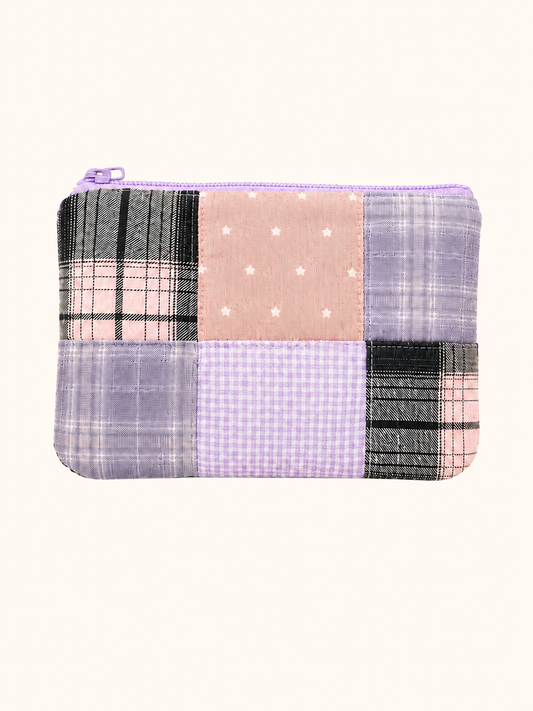 Handmade Pink & Lavender Plaid Patchwork Zipper Pouch | Everyday Essentials Bag