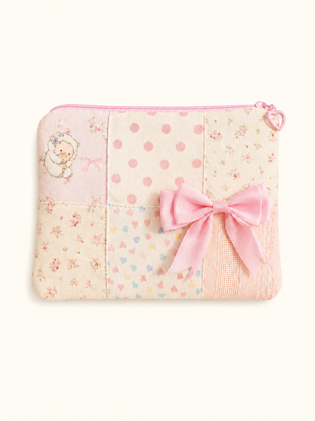 Handmade Pink Bow Patchwork Zipper Pouch｜Free shipping