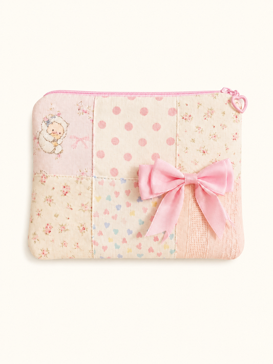 Handmade Pink Bow Patchwork Zipper Pouch｜Free shipping