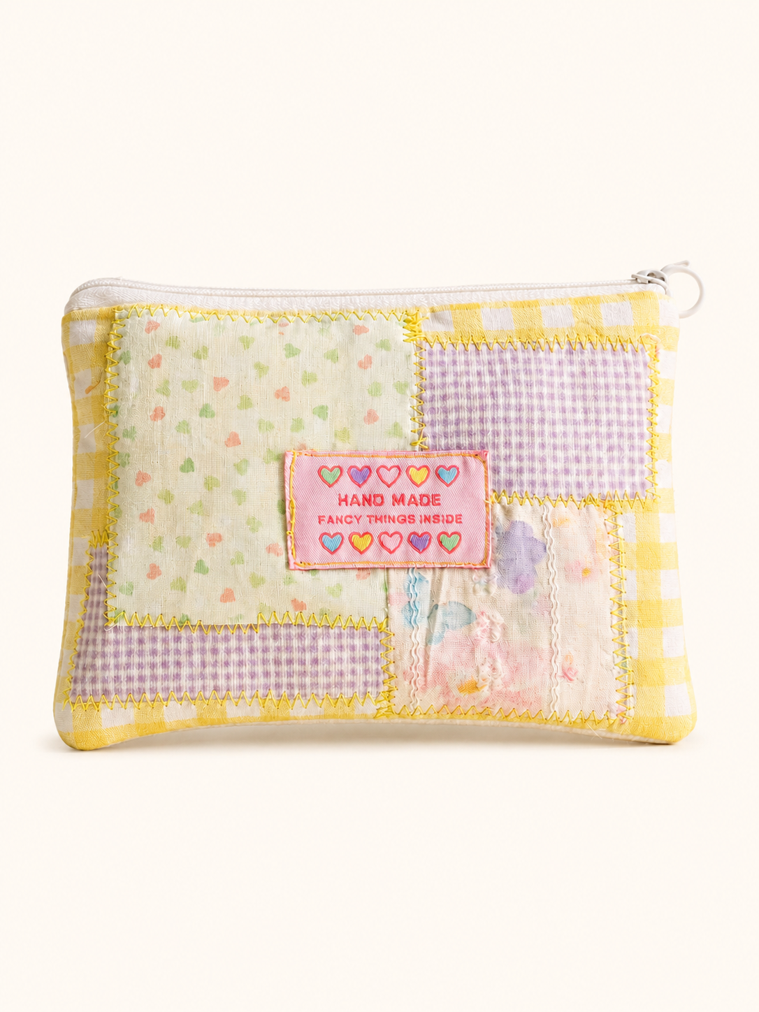 Handmade Yellow Gingham Patchwork Zipper Pouch｜Free shipping