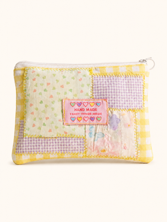 Handmade Yellow Gingham Patchwork Zipper Pouch｜Free shipping