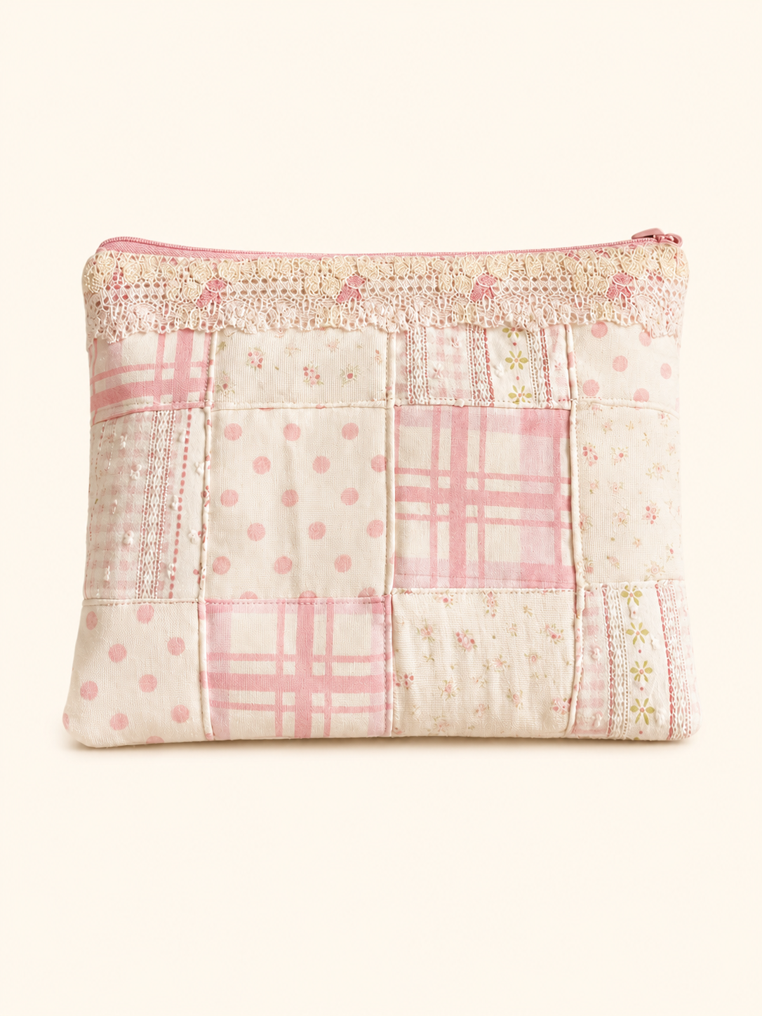 Handmade Pink Gingham Patchwork Zipper Pouch｜Free shipping