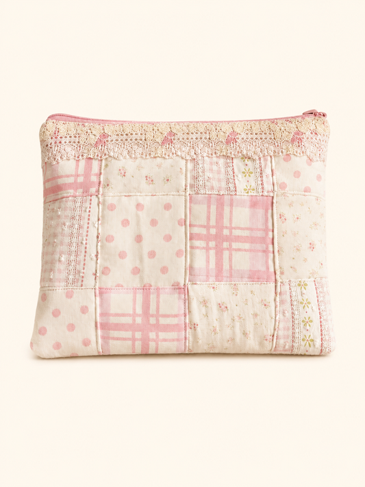 Handmade Pink Gingham Patchwork Zipper Pouch｜Free shipping