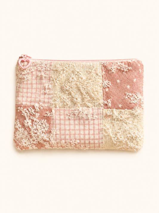 Handmade Pink Lace Patchwork Zipper Pouch｜Free shipping