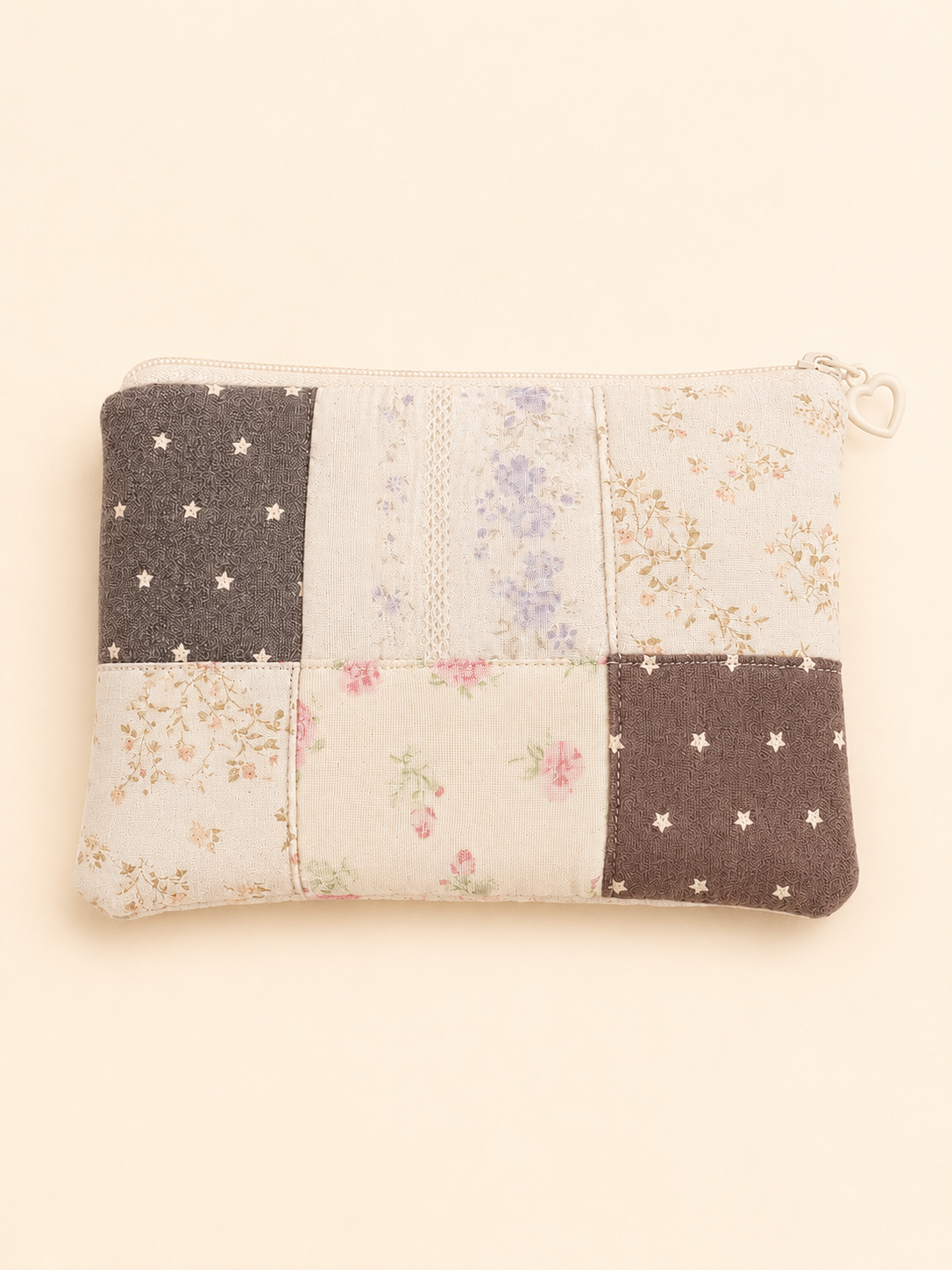 Handmade Neutral Floral Patchwork Zipper Pouch｜Free shipping