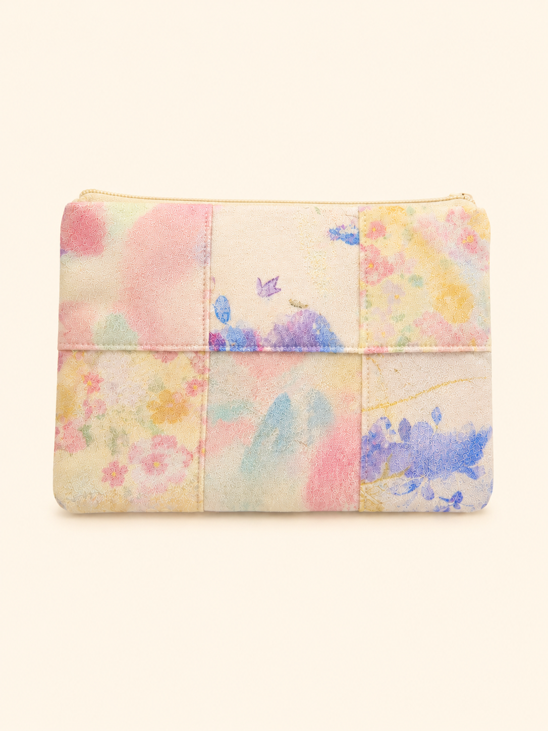Handmade Pastel Watercolor Floral Patchwork Zipper Pouch｜Free shipping