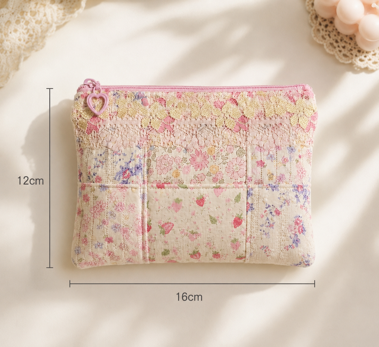Handmade Pastel Floral Patchwork Zipper Pouch with Lace and Heart Charm｜Free shipping