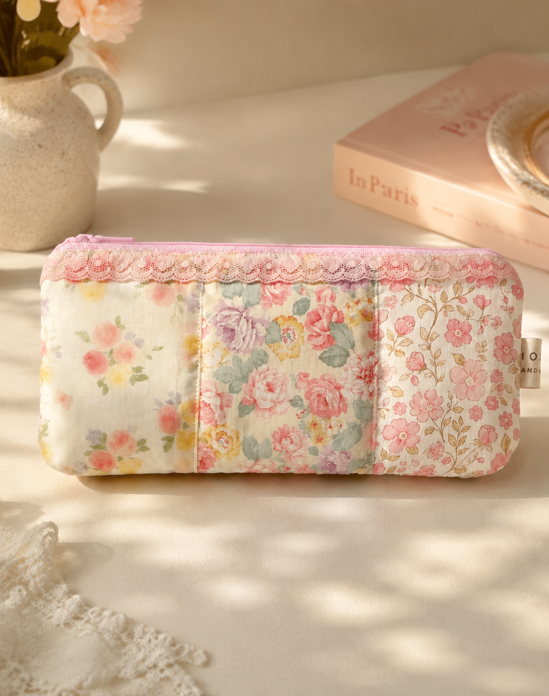 Handmade Blush Garden Floral Patchwork Pencil Case｜Free shipping
