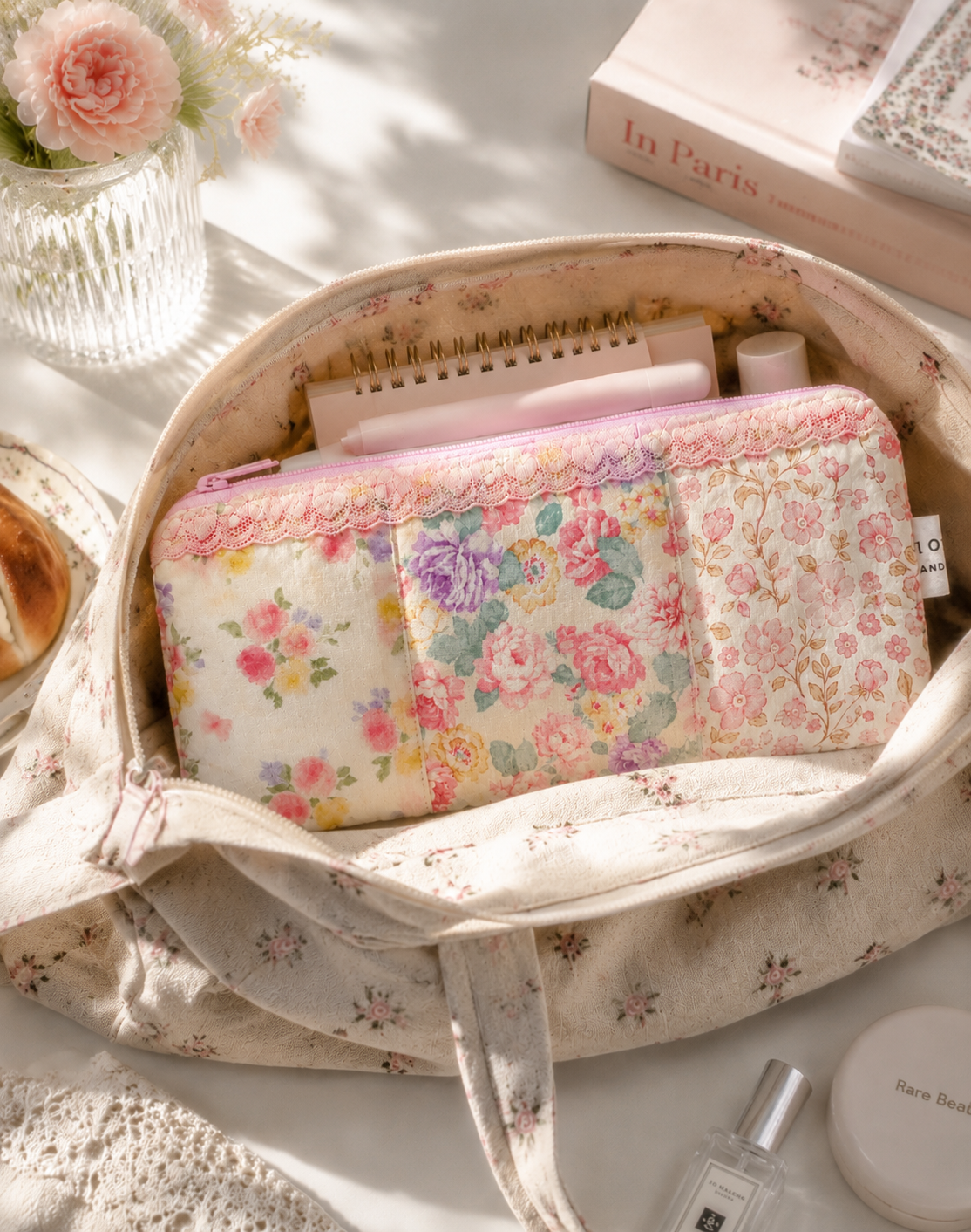 Handmade Blush Garden Floral Patchwork Pencil Case｜Free shipping