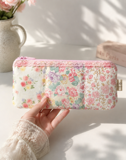Handmade Blush Garden Floral Patchwork Pencil Case｜Free shipping