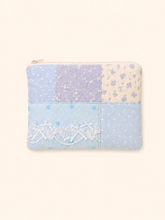 Handmade Blue Patchwork Zipper Pouch | Everyday Essentials Bag