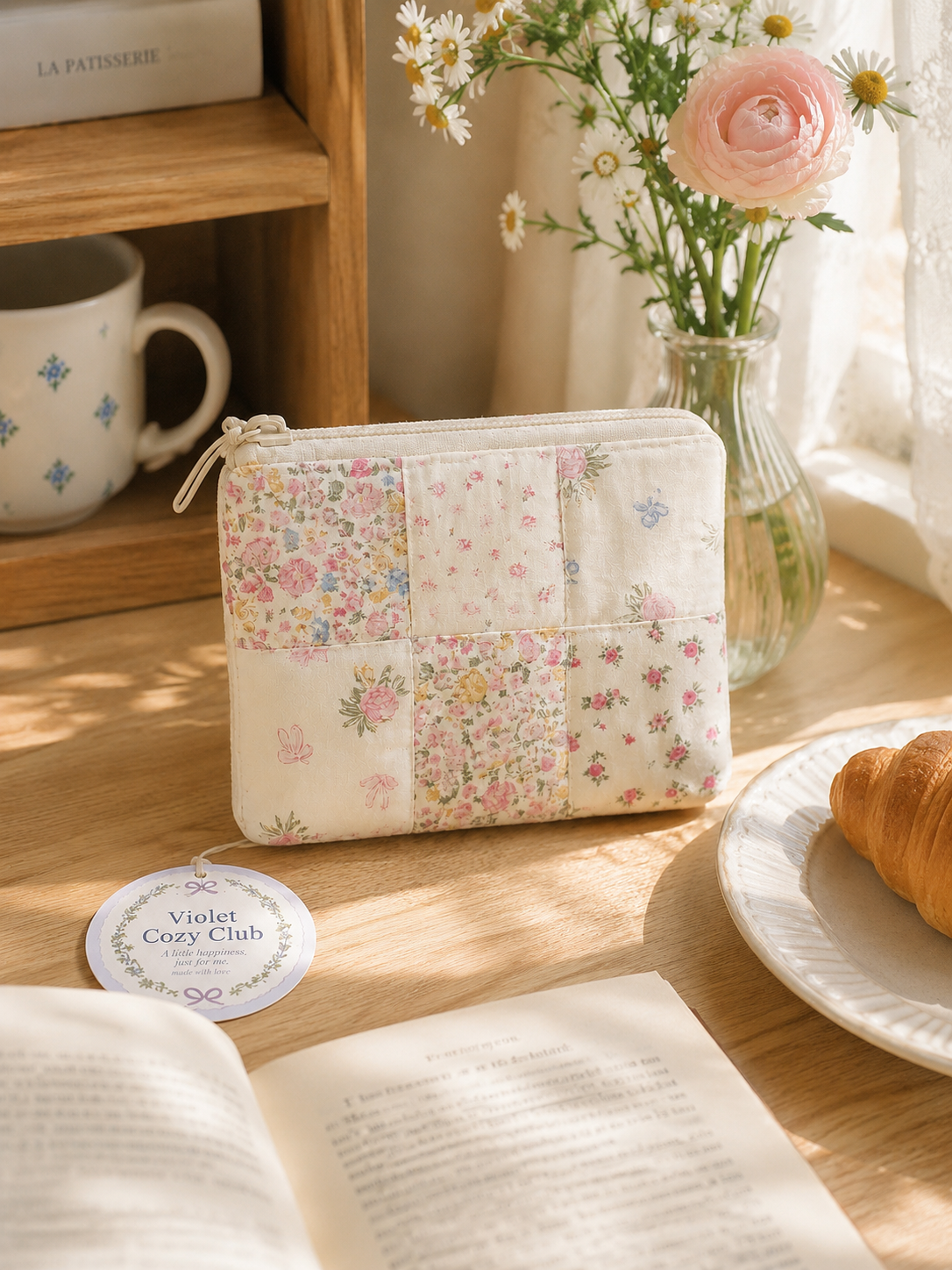 Handmade Cream Floral Patchwork Zipper Pouch | Everyday Essentials Bag