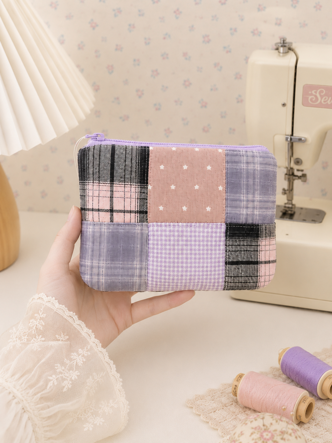 Handmade Pink & Lavender Plaid Patchwork Zipper Pouch | Everyday Essentials Bag