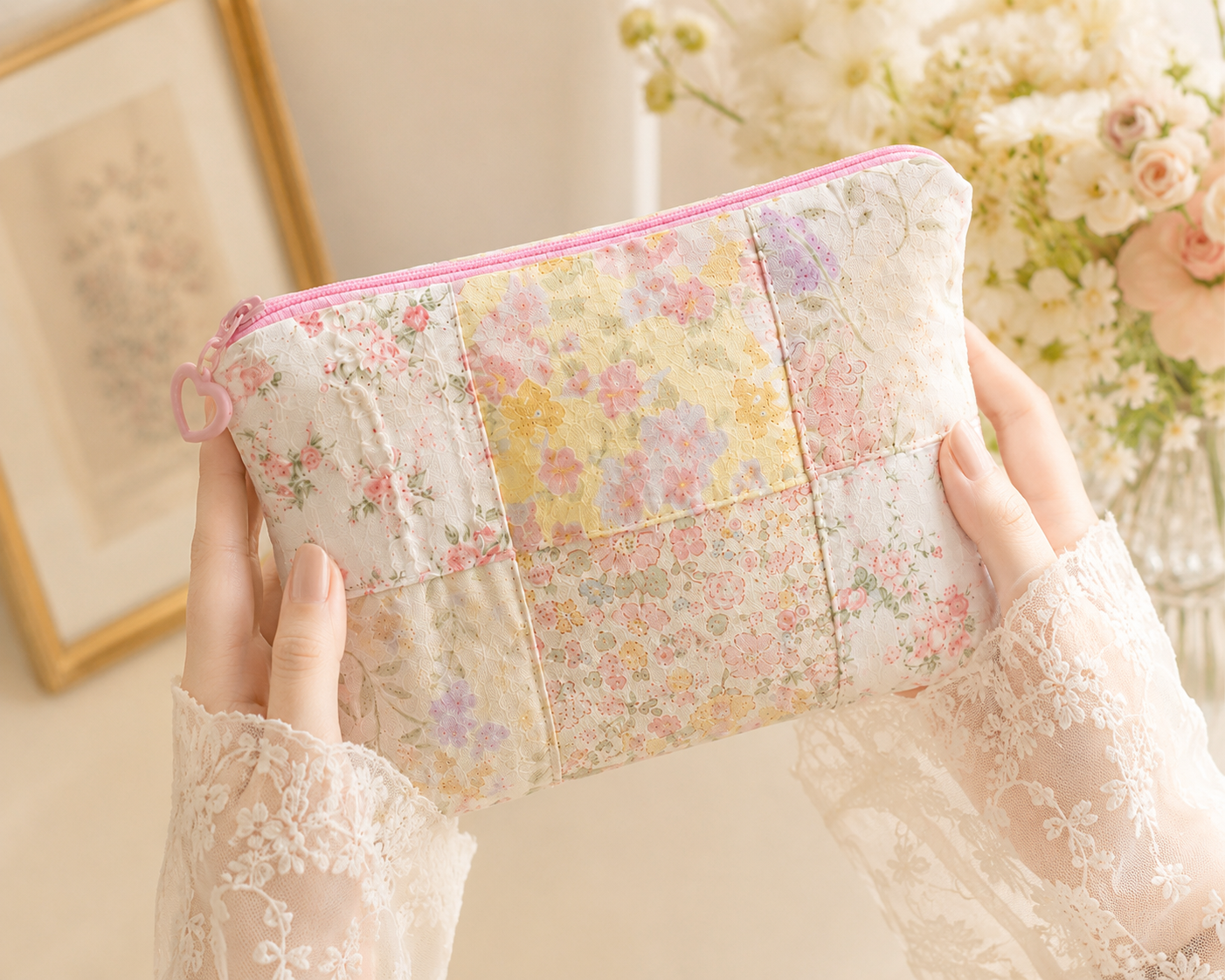 Handmade Pastel Floral Patchwork Zipper Pouch | Free shipping