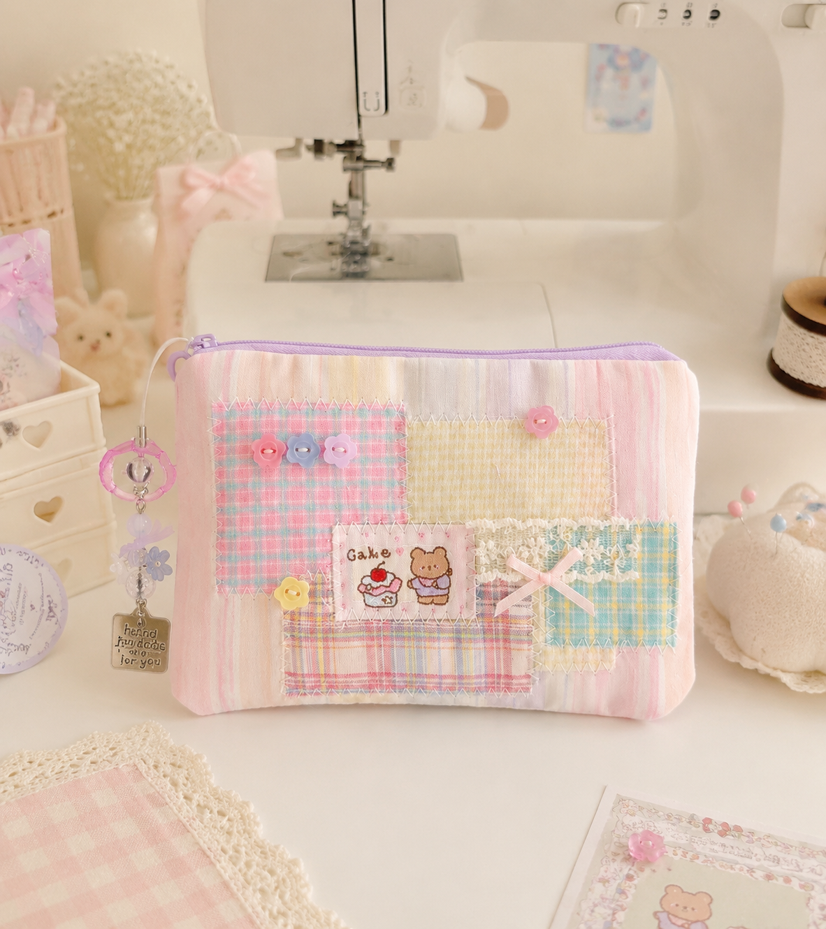 Handmade Pastel Cake Bear Patchwork Zipper Pouch ｜Free shipping