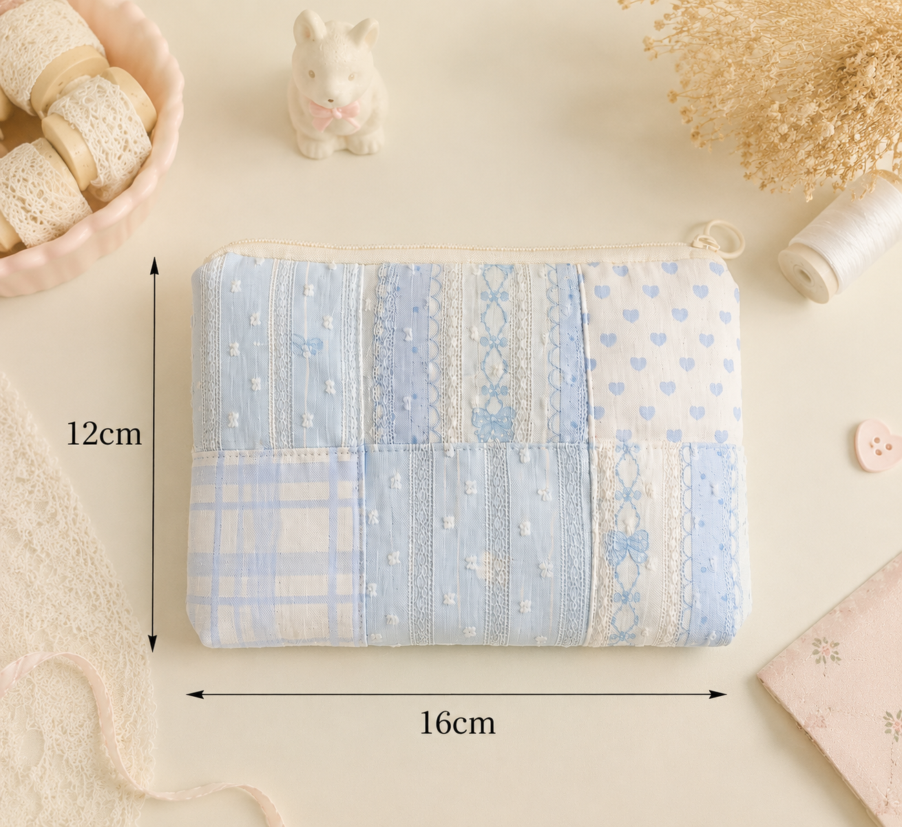 Handmade Blue Lace Patchwork Zipper Pouch｜Free shipping