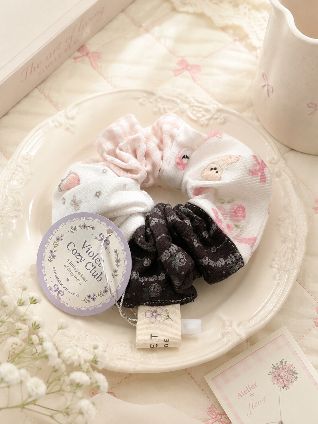 Handmade Pink Bunny Floral Patchwork Scrunchie｜Free shipping