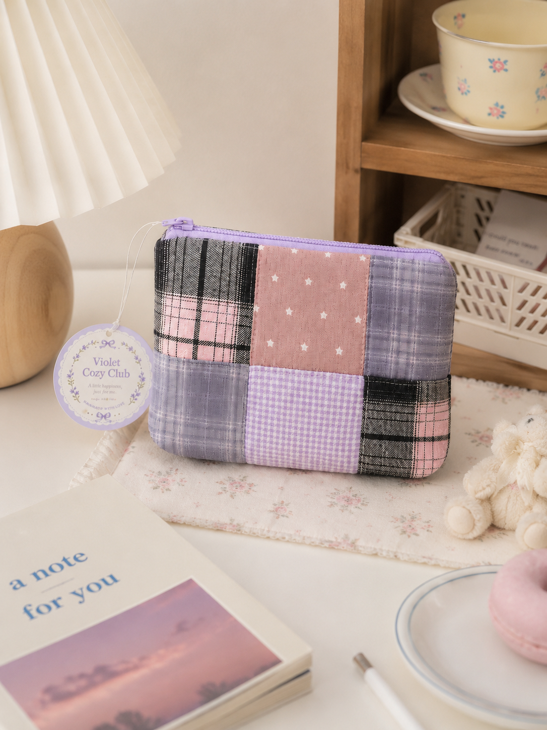 Handmade Pink & Lavender Plaid Patchwork Zipper Pouch | Everyday Essentials Bag