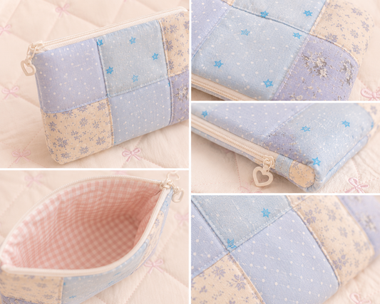 Handmade Blue Floral Patchwork Zipper Pouch | Everyday Essentials Bag
