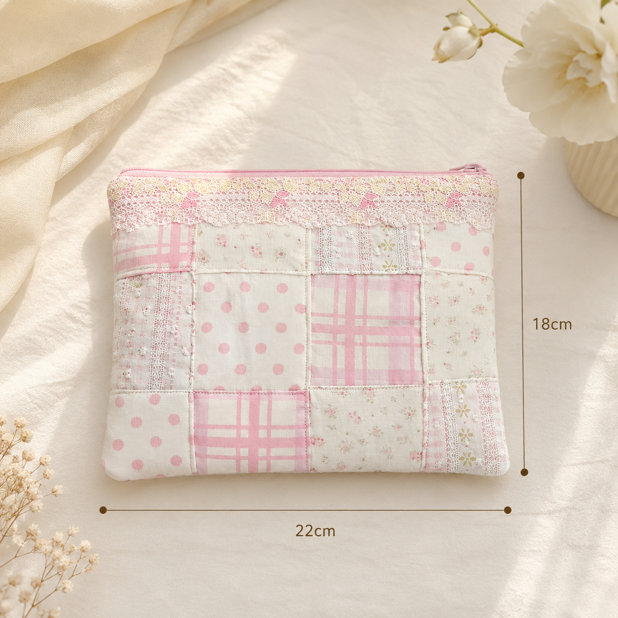 Handmade Pink Gingham Patchwork Zipper Pouch｜Free shipping