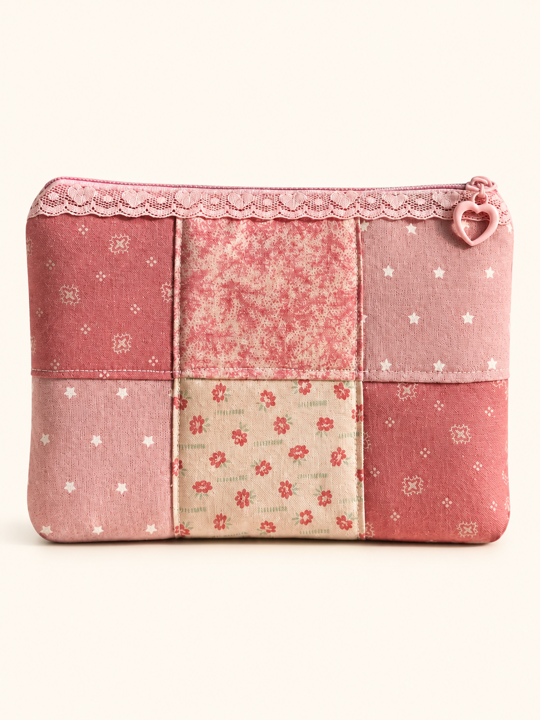 Handmade Rose Garden Handmade Patchwork Pouch with Lace Trim & Heart Zipper ｜Free shipping