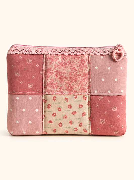 Handmade Rose Garden Handmade Patchwork Pouch with Lace Trim & Heart Zipper ｜Free shipping