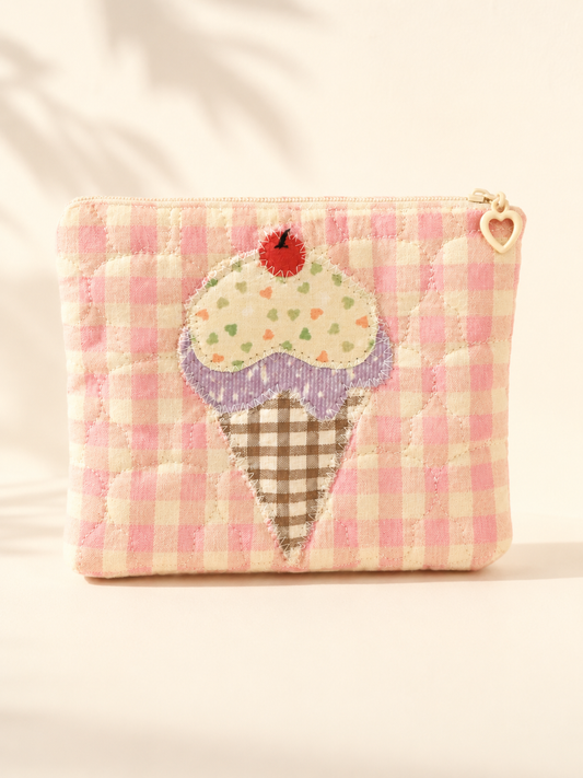 Handmade Sweet Ice Cream Gingham Quilted Zipper Pouch｜Free shipping